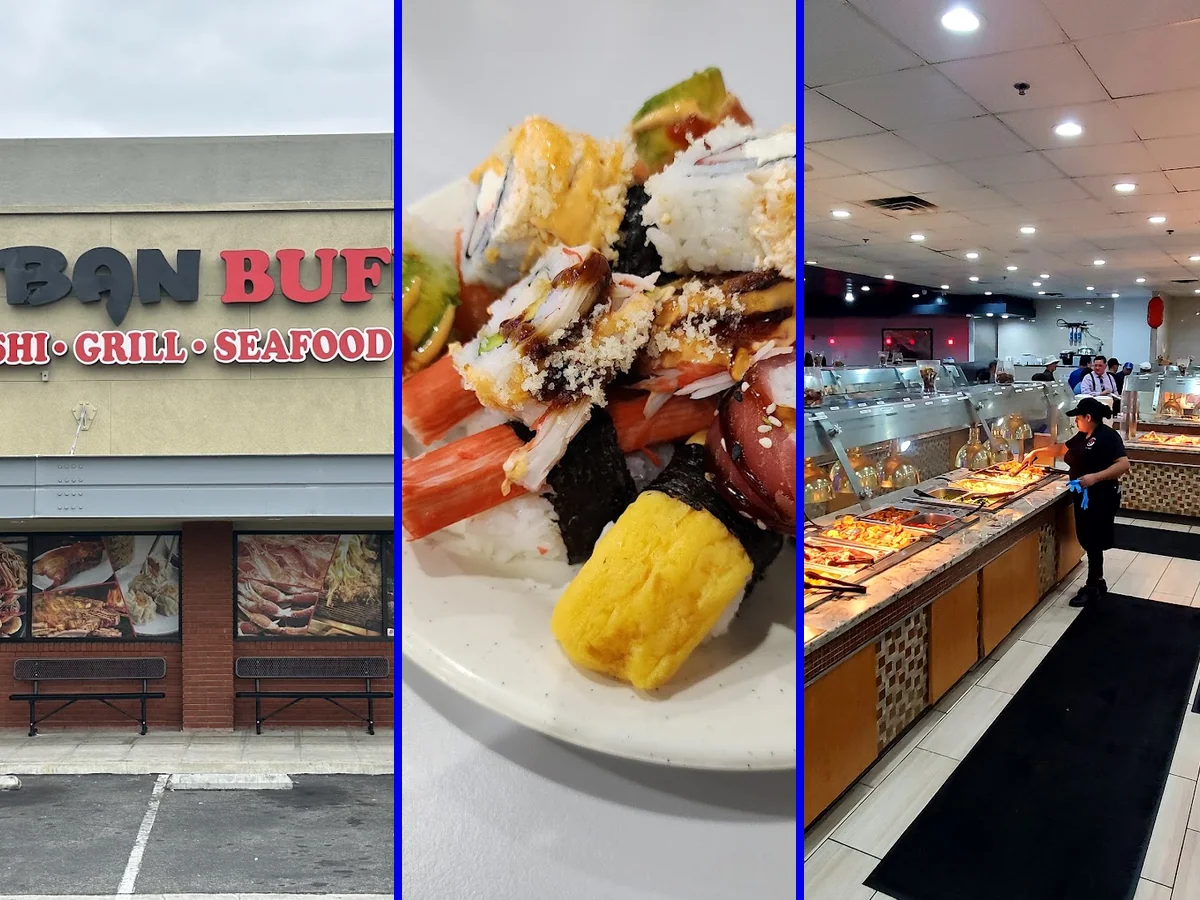 Wide buffet line with seafood, sushi, salads, and fruit.