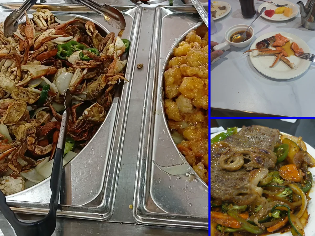 Teppanyaki grill station with seafood, vegetables, and steak.