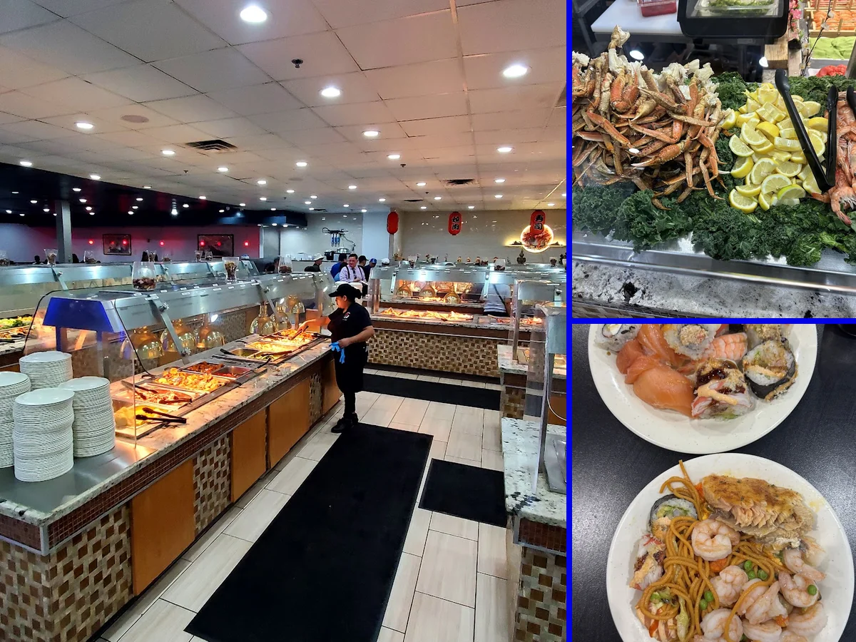 Wide buffet line with seafood, sushi, salads, and fruit.