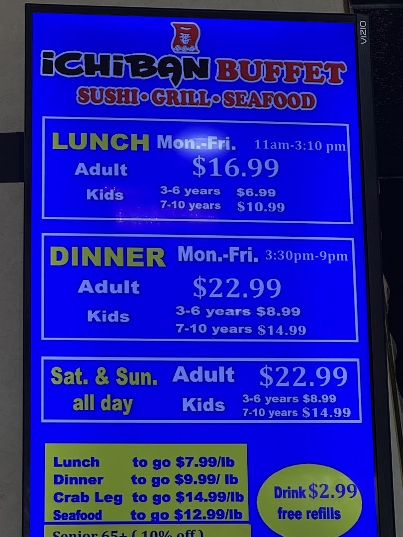 Wide buffet line with seafood, sushi, salads, and fruit.