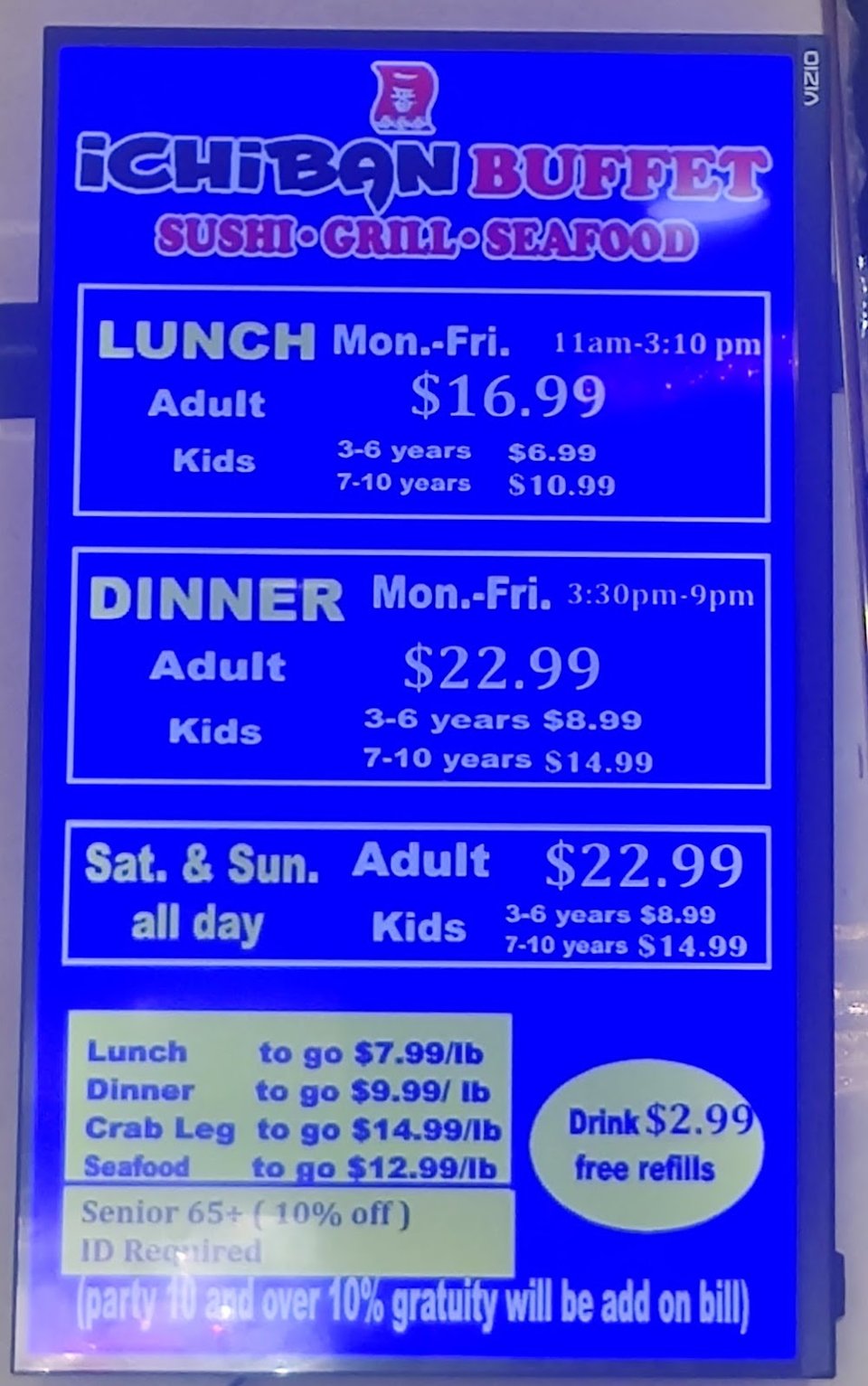 Menu board for lunch and dinner buffet service.
